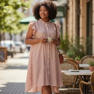 Cato Womens‎ Dress 26W Red Stripe Sheer Ruffle Tunic Cool Country Cottage Beachy